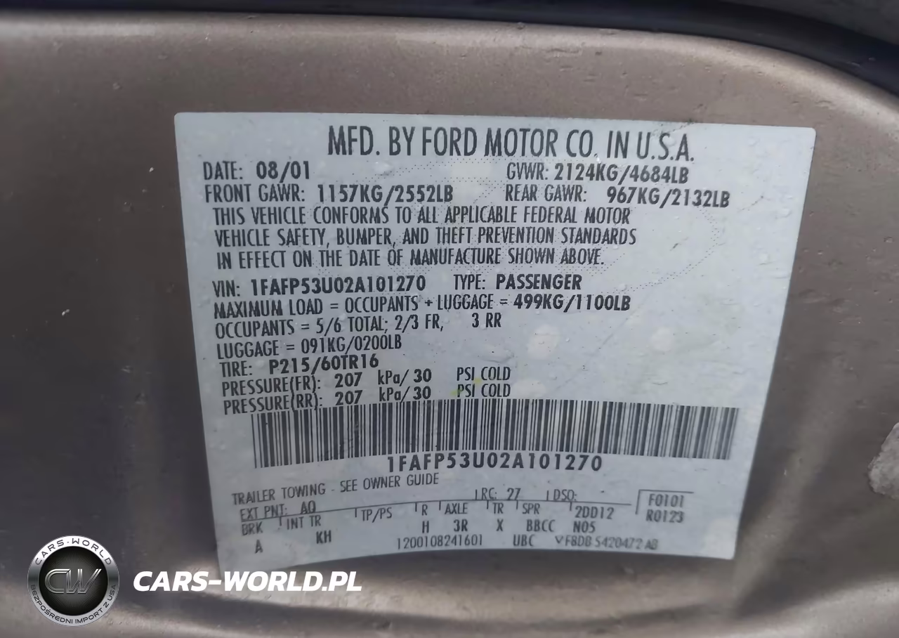2002 Ford Taurus Se VIN:1FAFP53U02A101270 - 9