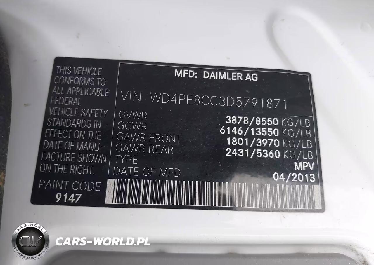 2013 Mercedes-Benz Sprinter 2500 High Roof VIN:WD4PE8CC3D5791871 - 9
