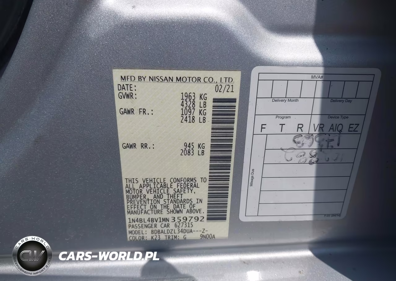 2021 Nissan Altima S Fwd VIN:1N4BL4BV1MN359792 - 9
