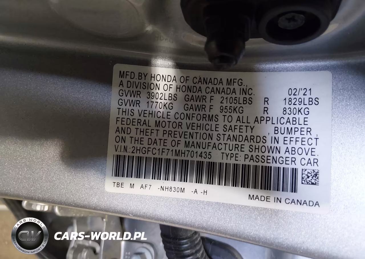 2021 Honda Civic Ex-L VIN:2HGFC1F71MH701435 - 9
