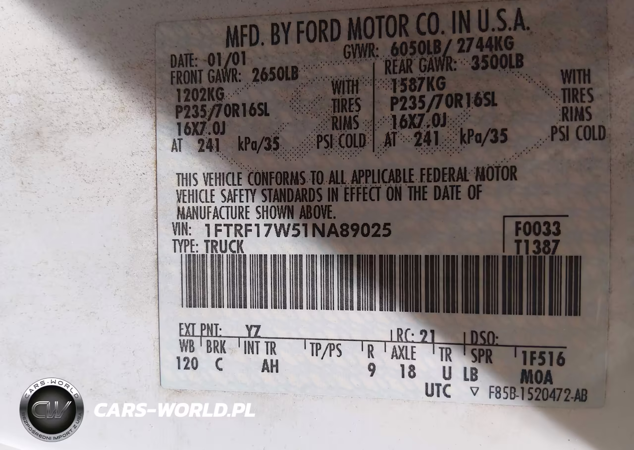 2001 Ford F-150 Xl-Xlt VIN:1FTRF17W51NA89025 - 9