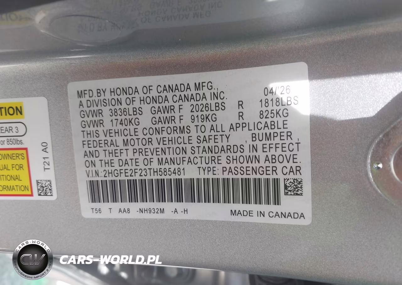 2026 Honda Civic Lx VIN:2HGFE2F23TH585481 - 9