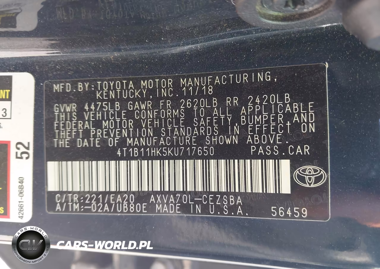 2019 Toyota Camry Se VIN:4T1B11HK5KU717650 - 9