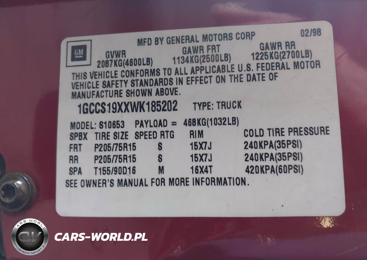 1998 Chevrolet S-10 Ls VIN:1GCCS19XXWK185202 - 9