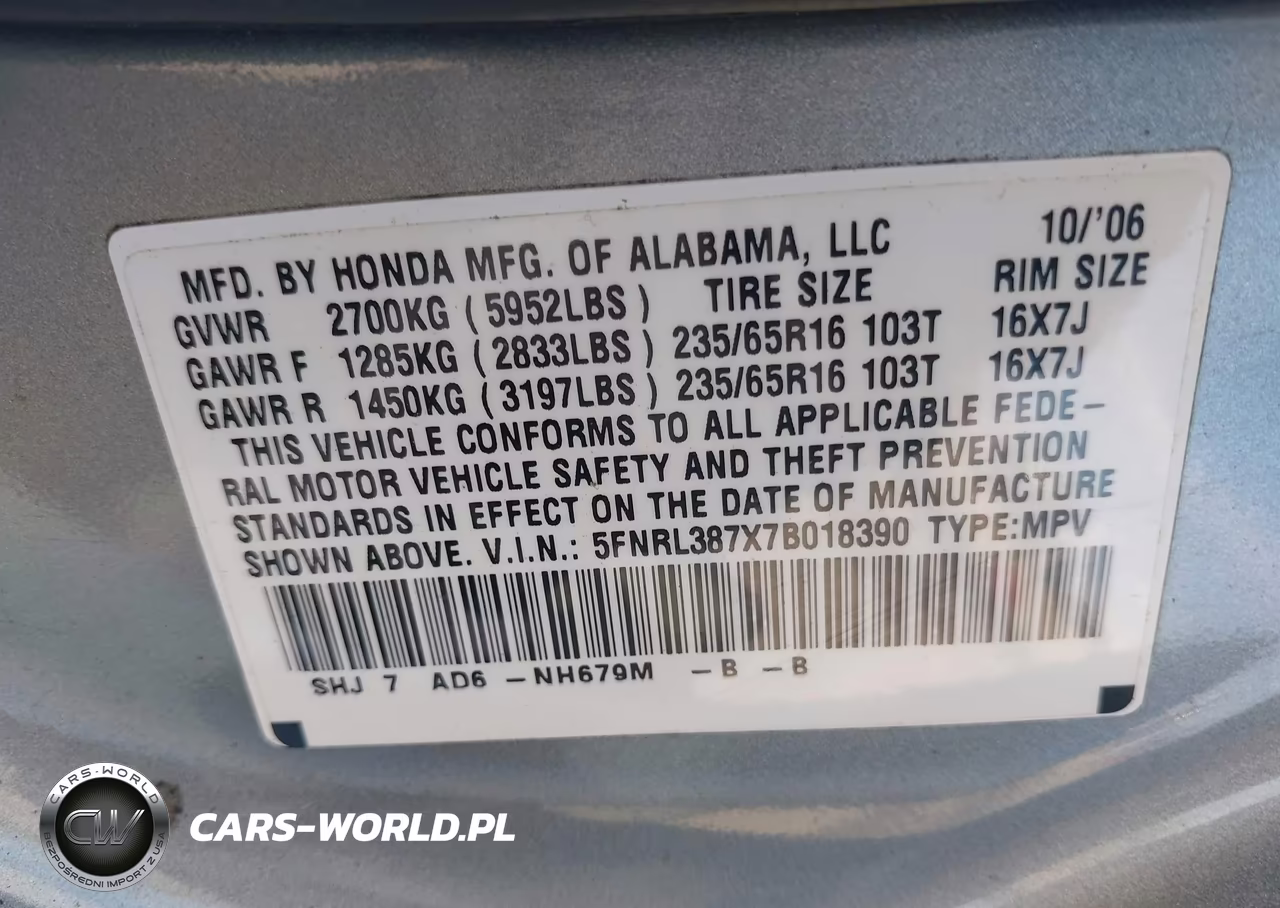 2007 Honda Odyssey Ex-L VIN:5FNRL387X7B018390 - 9