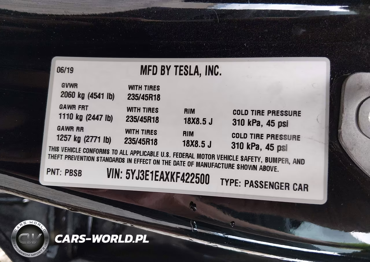 2019 TESLA MODEL 3  VIN:5YJ3E1EAXKF422500 - 9