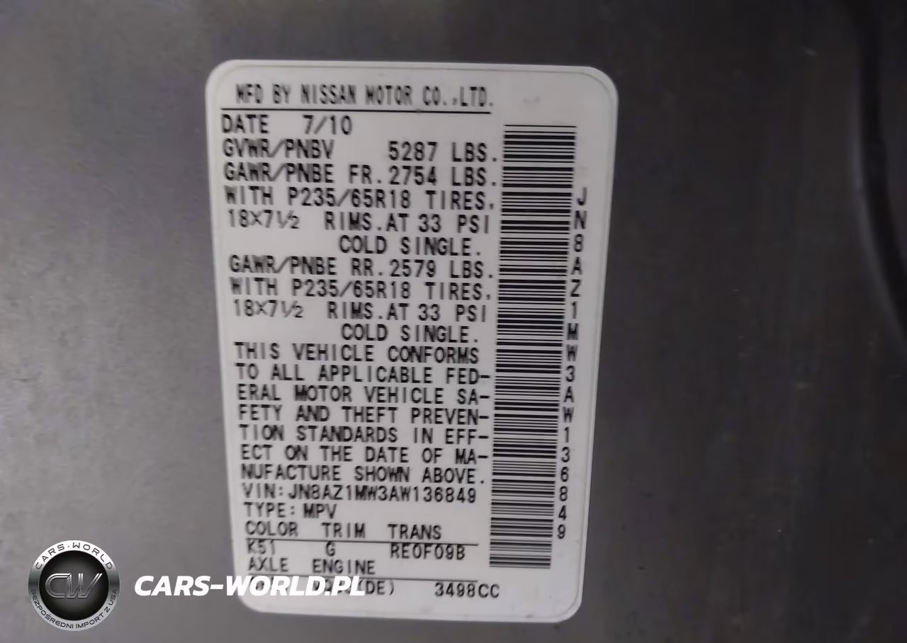 2010 Nissan Murano Sl VIN:JN8AZ1MW3AW136849 - 9