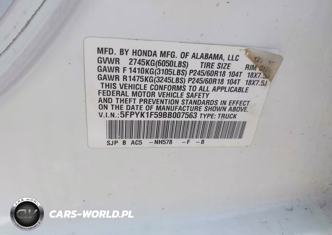 2011 Honda Ridgeline Rtl VIN:5FPYK1F59BB007563 - 9