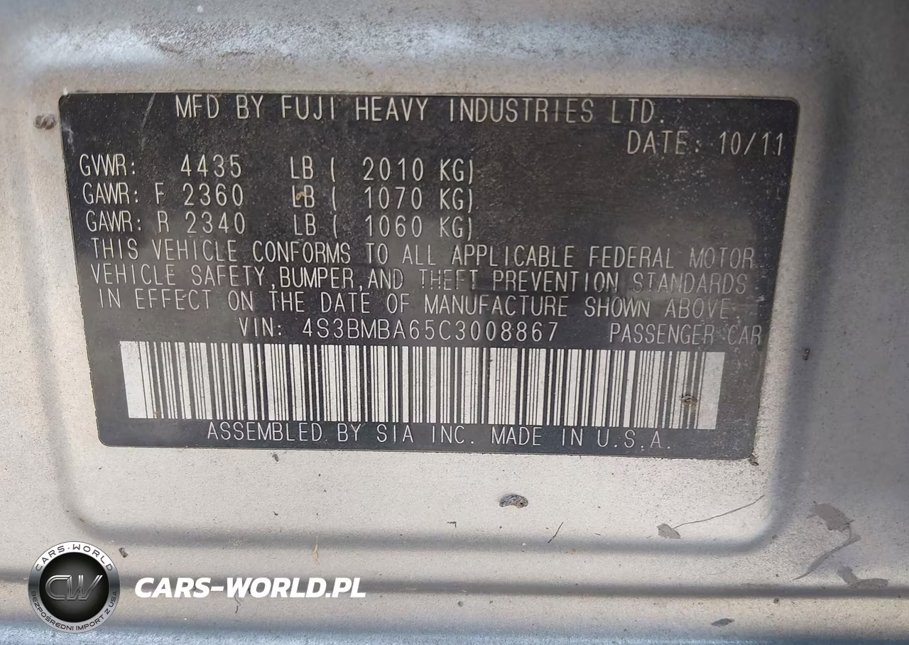 2012 Subaru Legacy 2.5I VIN:4S3BMBA65C3008867 - 9