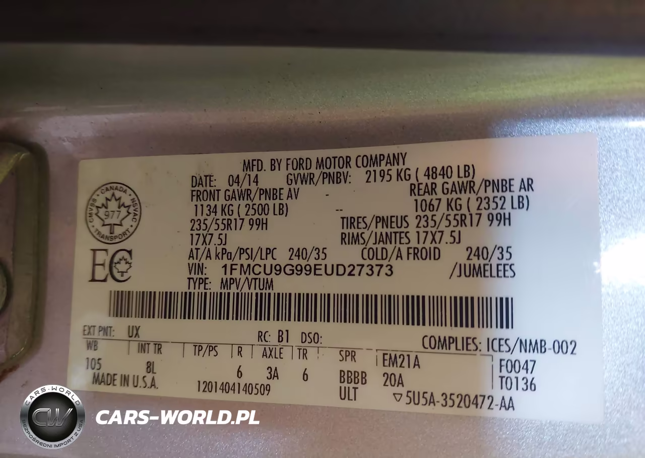 2014 Ford Escape Se VIN:1FMCU9G99EUD27373 - 9