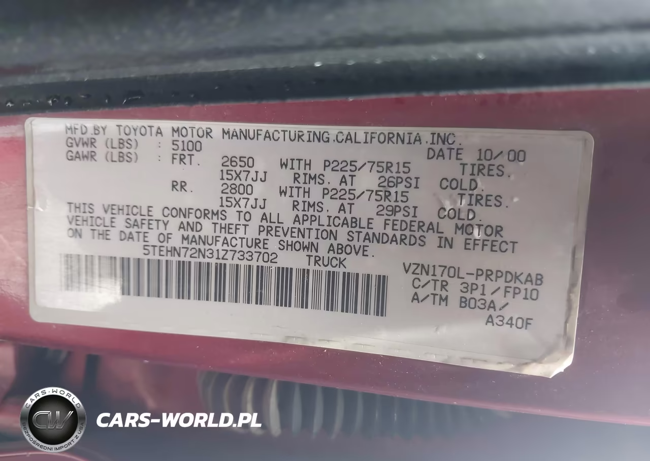 2001 Toyota Tacoma Base V6 VIN:5TEHN72N31Z733702 - 9
