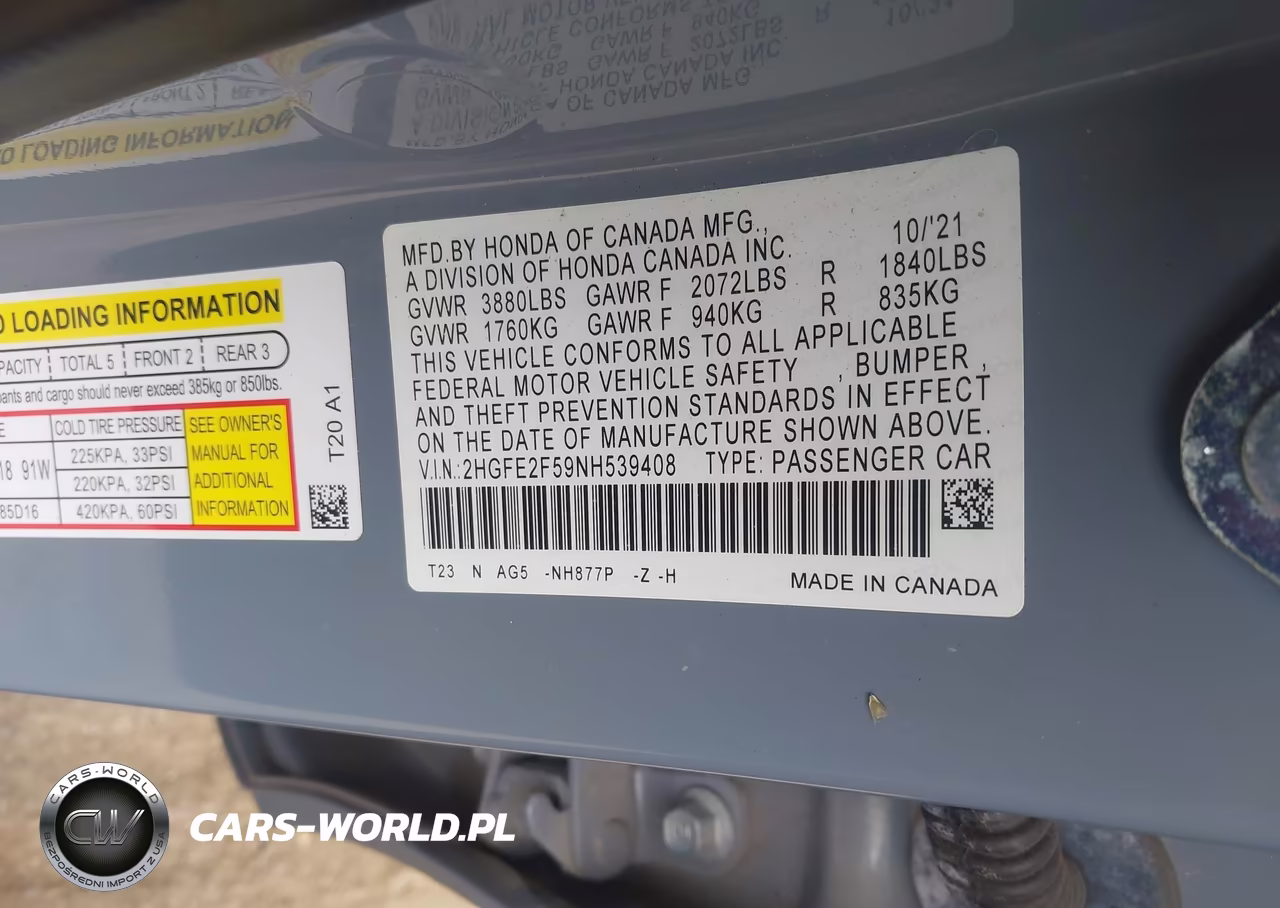 2022 Honda Civic Sport VIN:2HGFE2F59NH539408 - 9