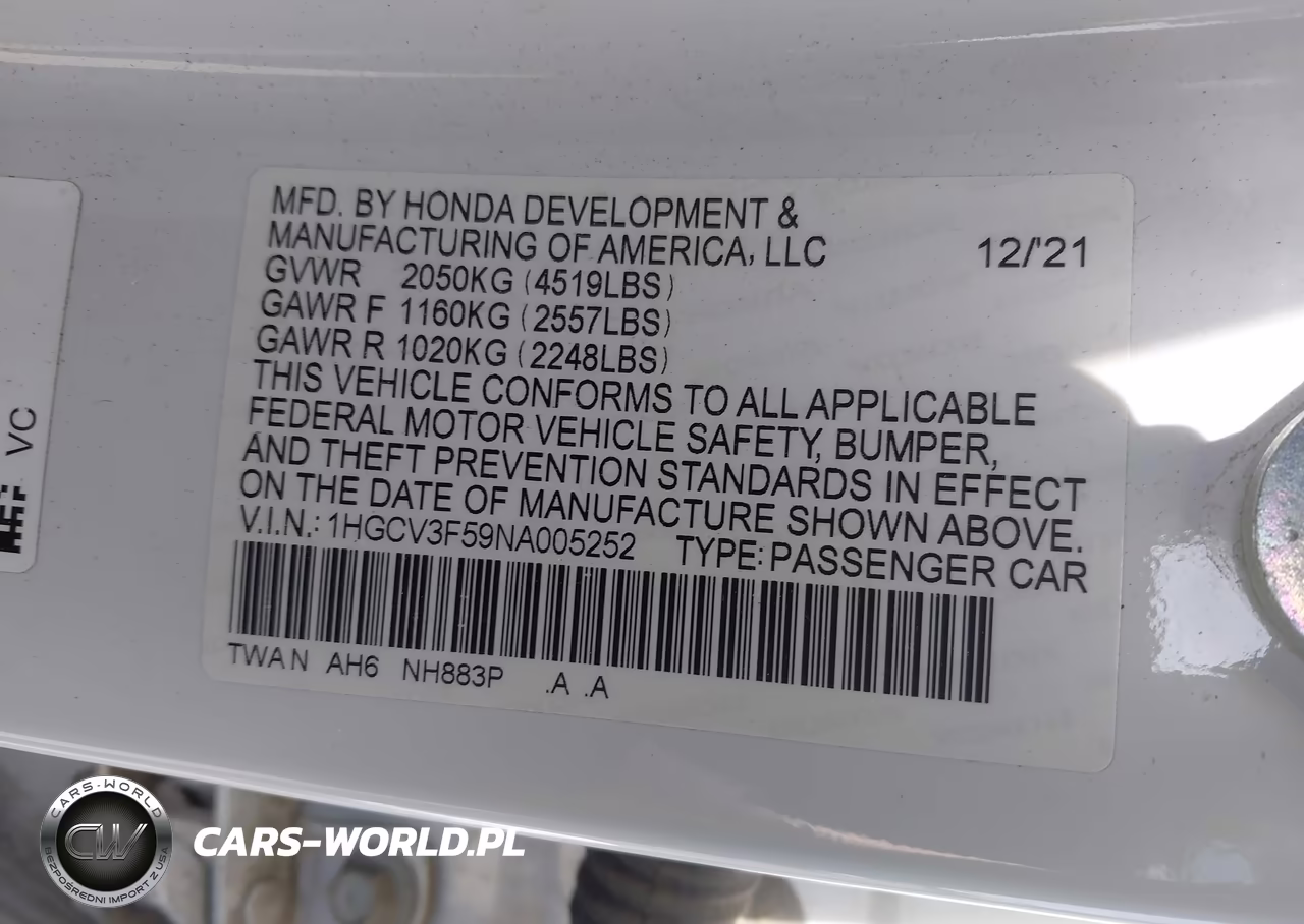 2022 Honda Accord Hybrid Ex-L VIN:1HGCV3F59NA005252 - 9