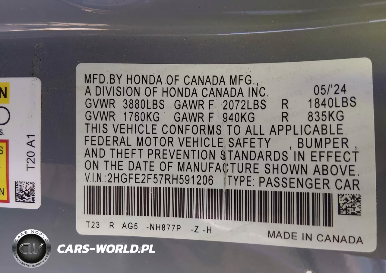 2024 Honda Civic Sport VIN:2HGFE2F57RH591206 - 9