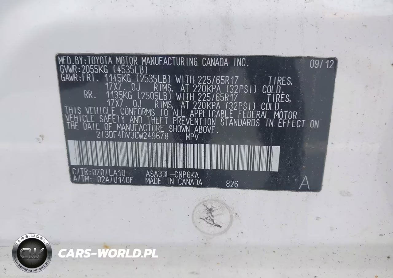 2012 Toyota Rav 4 VIN:2T3DF4DV3CW249678 - 9