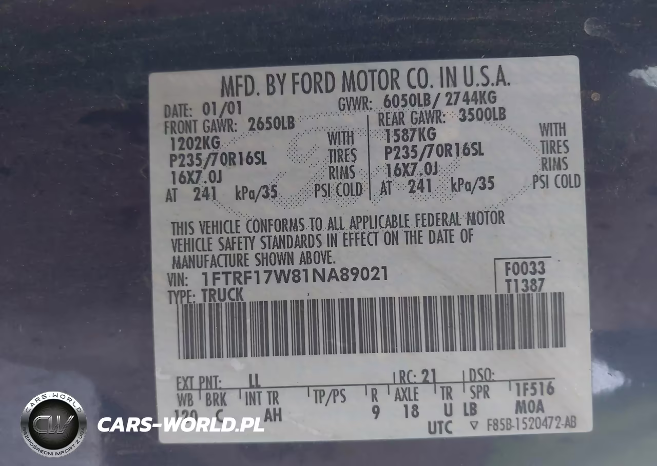 2001 Ford F150 VIN:1FTRF17W81NA89021 - 9