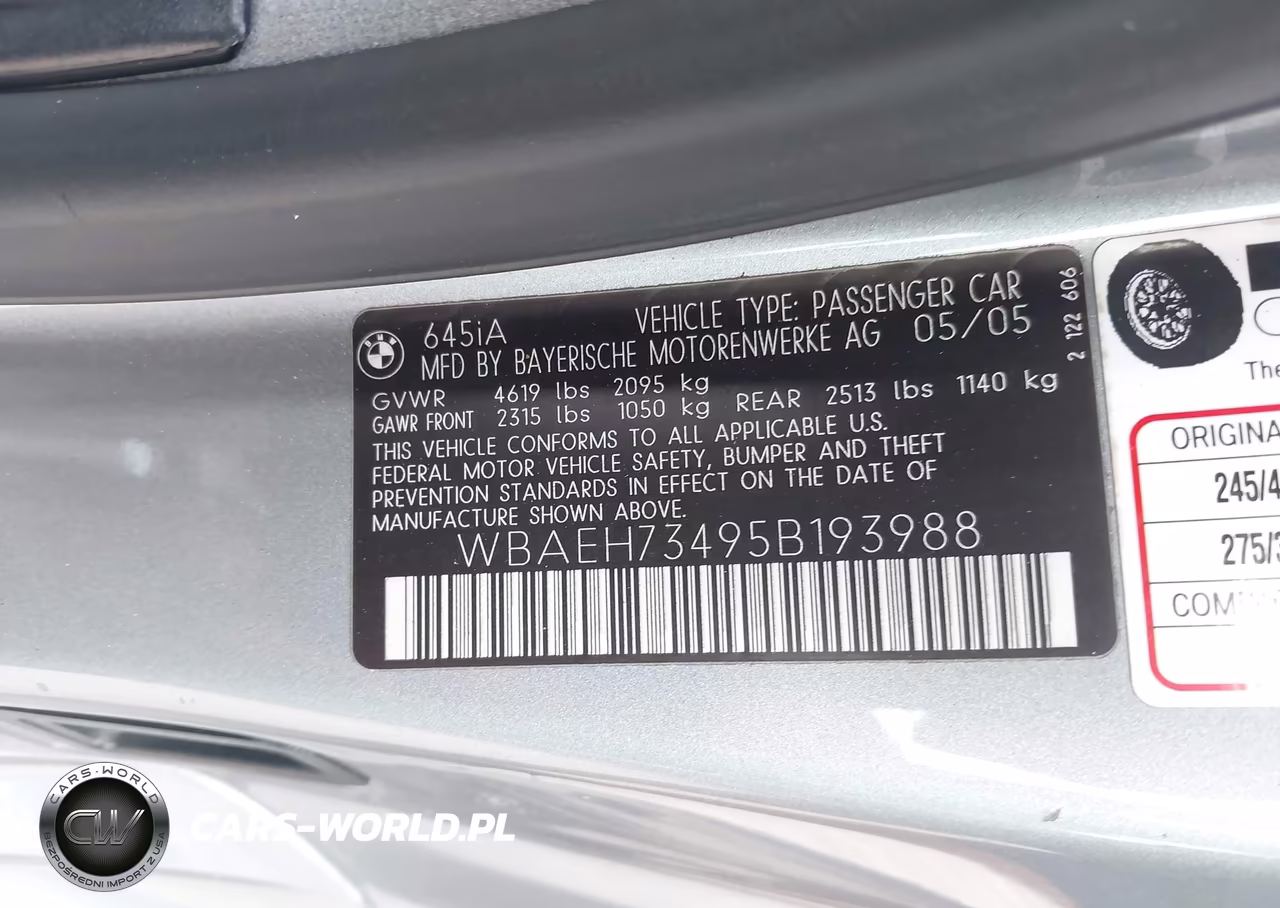 2005 BMW 645Ci VIN:WBAEH73495B193988 - 9