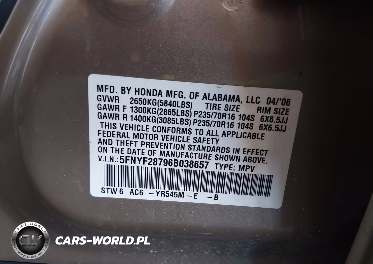 2006 Honda Pilot Ex-L VIN:5FNYF28796B038657 - 9