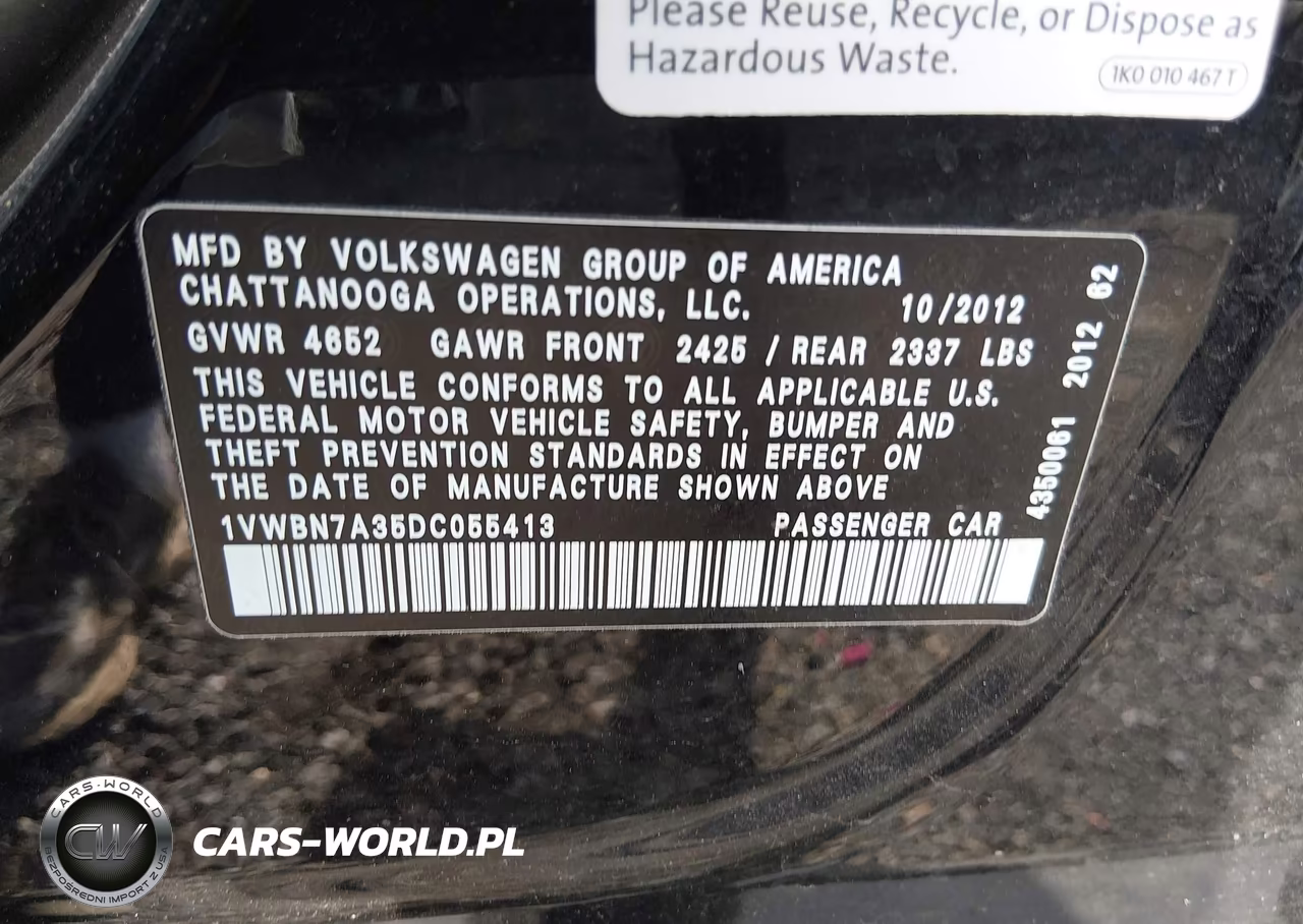 2013 Volkswagen Passat 2.0L Tdi Se VIN:1VWBN7A35DC055413 - 9