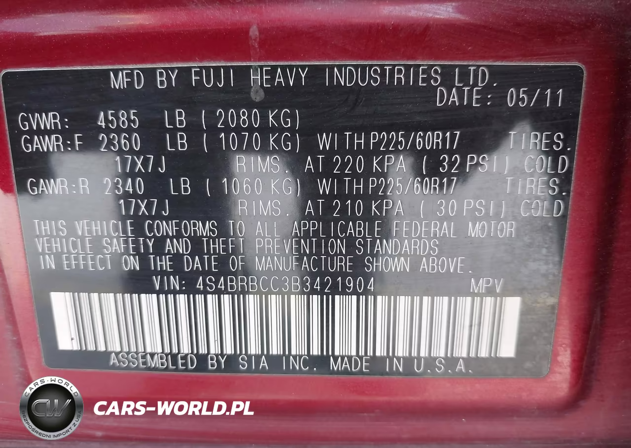 2011 Subaru Outback 2.5I Premium VIN:4S4BRBCC3B3421904 - 9