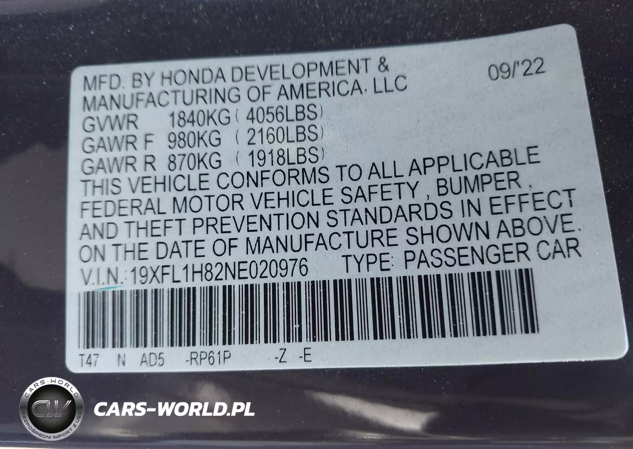 2022 Honda Civic Sport Touring VIN:19XFL1H82NE020976 - 9