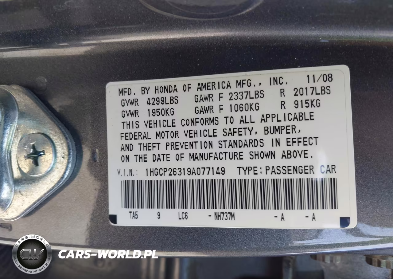 2009 Honda Accord 2.4 Lx VIN:1HGCP26319A077149 - 9