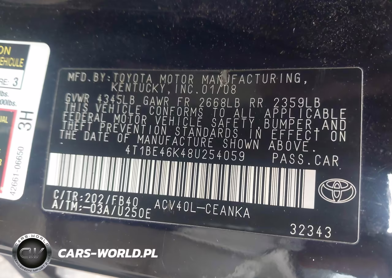 2008 Toyota Camry Le VIN:4T1BE46K48U254059 - 9
