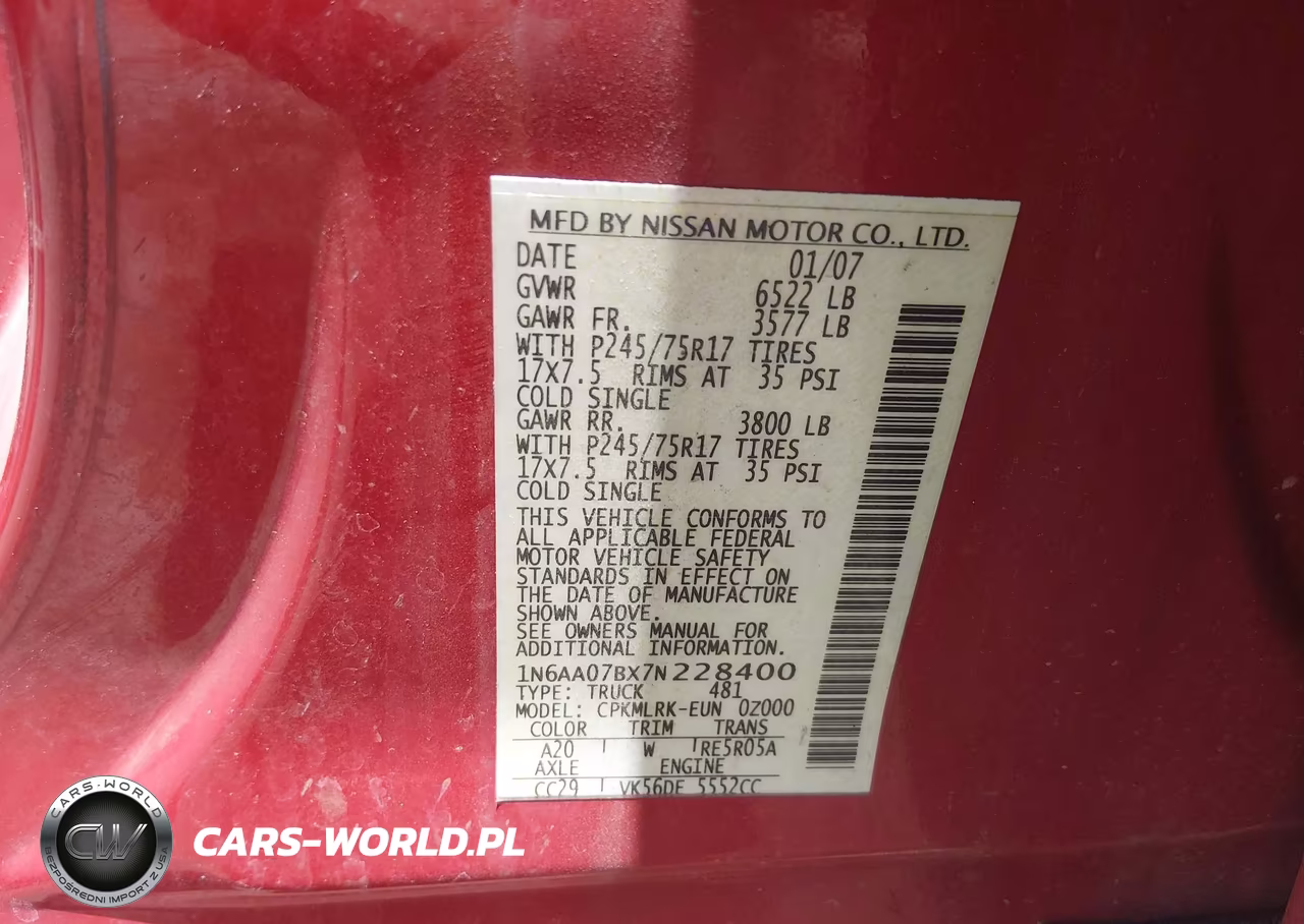 2007 Nissan Titan Xe VIN:1N6AA07BX7N228400 - 9