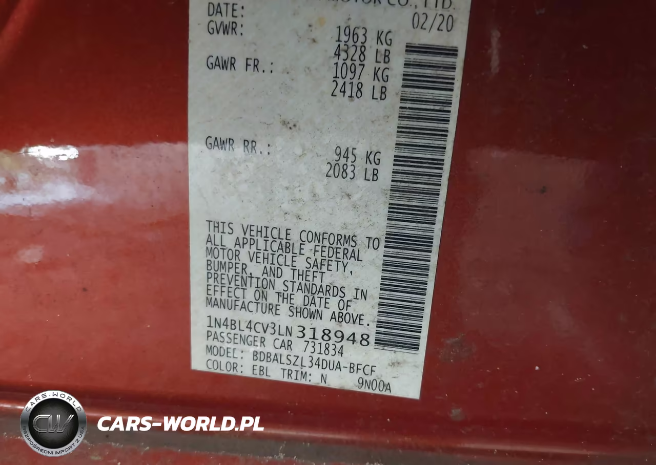 2020 Nissan Altima Sr Fwd VIN:1N4BL4CV3LN318948 - 9