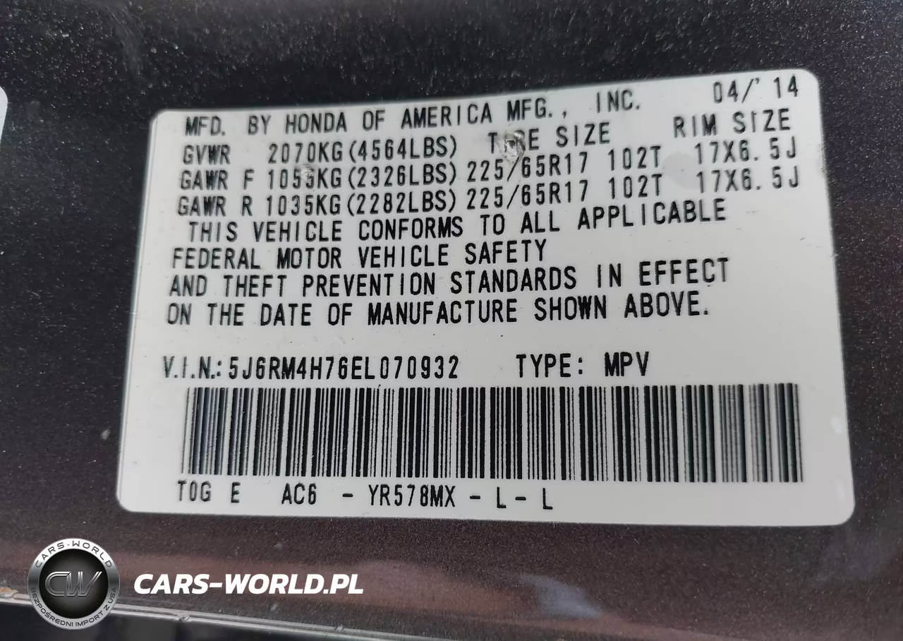 2014 Honda Cr-V Ex-L VIN:5J6RM4H76EL070932 - 9