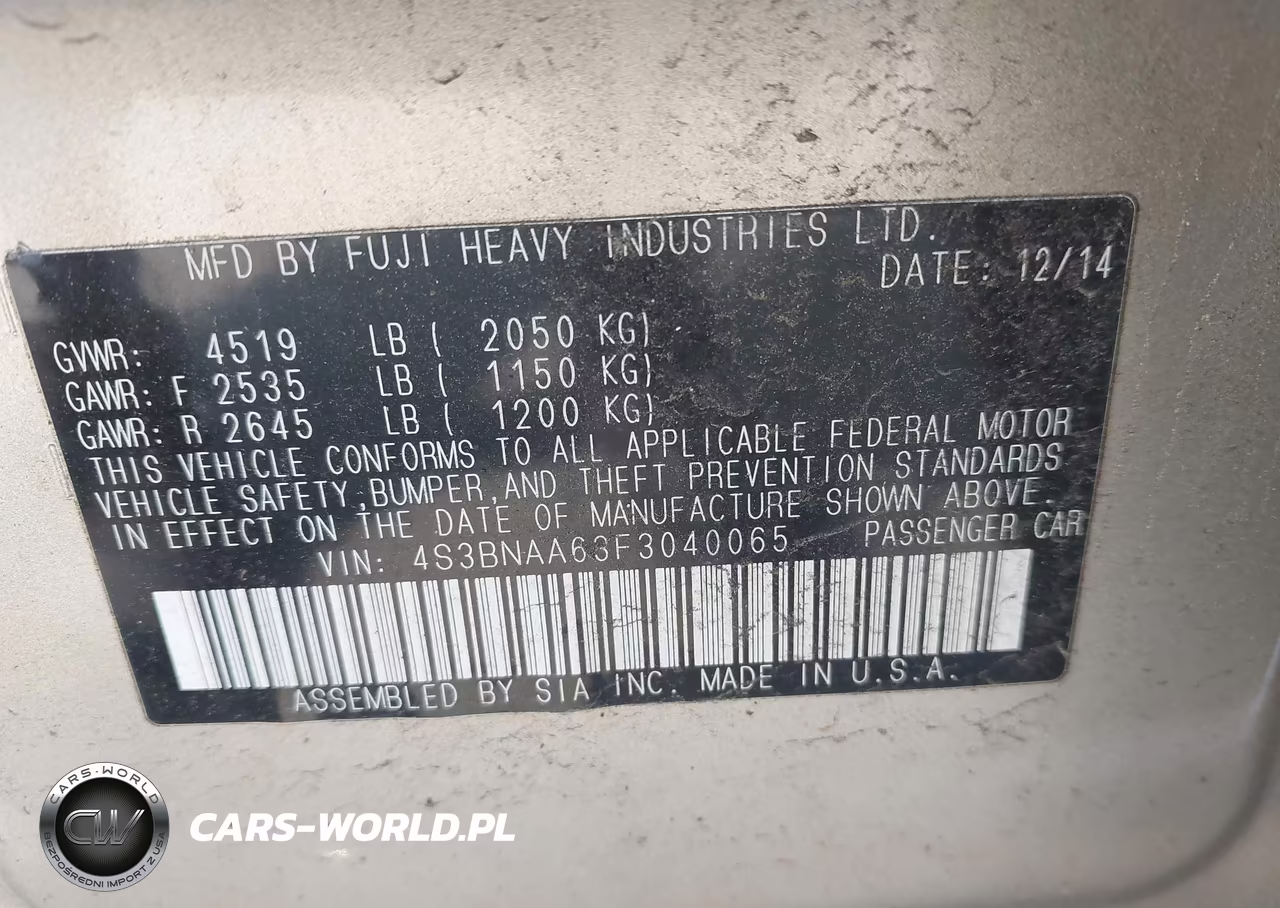 2015 Subaru Legacy 2.5I VIN:4S3BNAA63F3040065 - 9