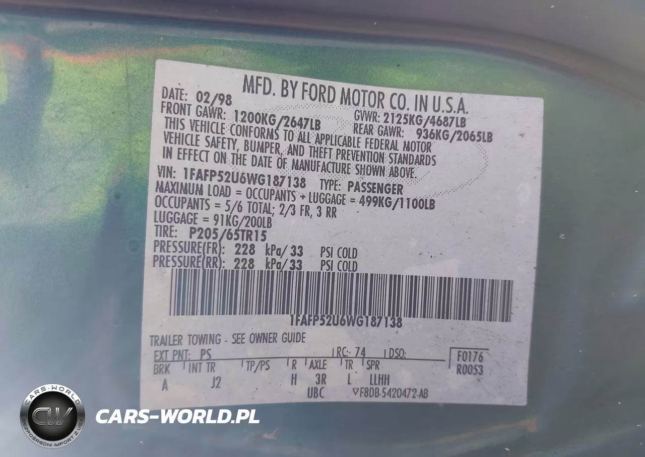 1998 Ford Taurus Lx-Se VIN:1FAFP52U6WG187138 - 9