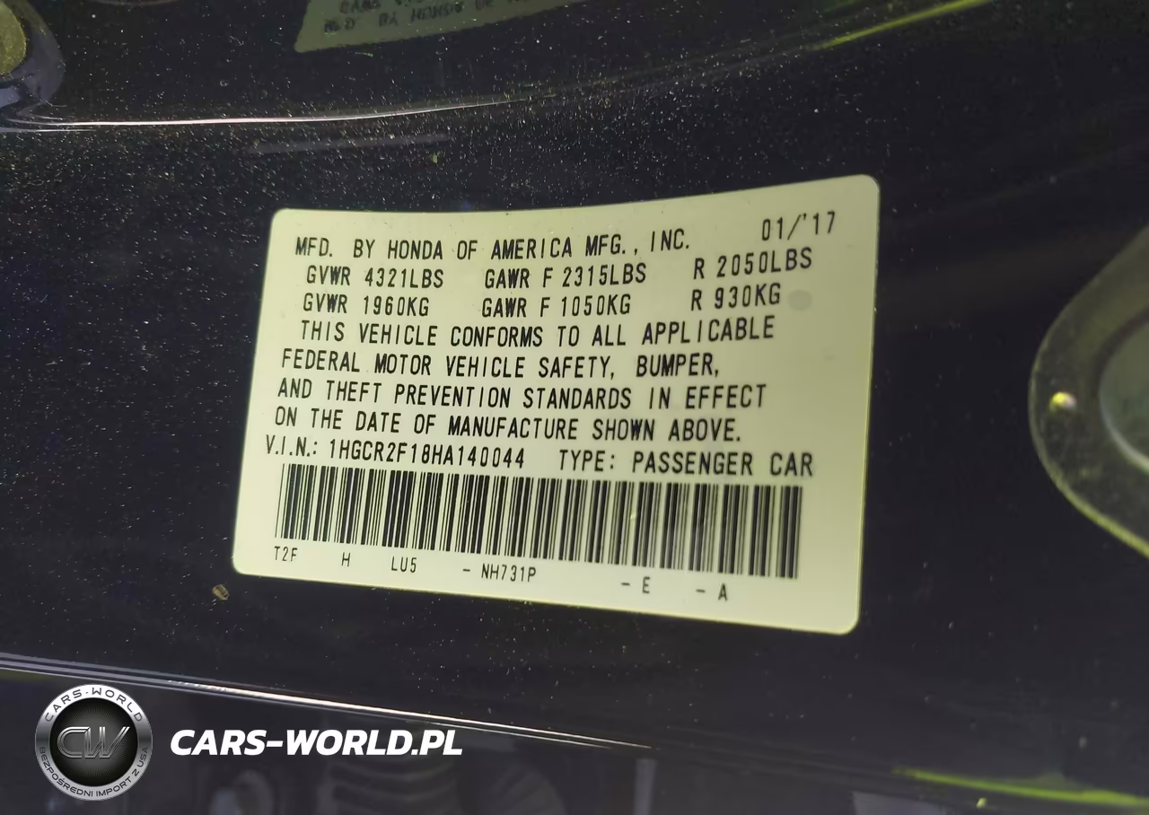 2017 Honda Accord Sport Se VIN:1HGCR2F18HA140044 - 9