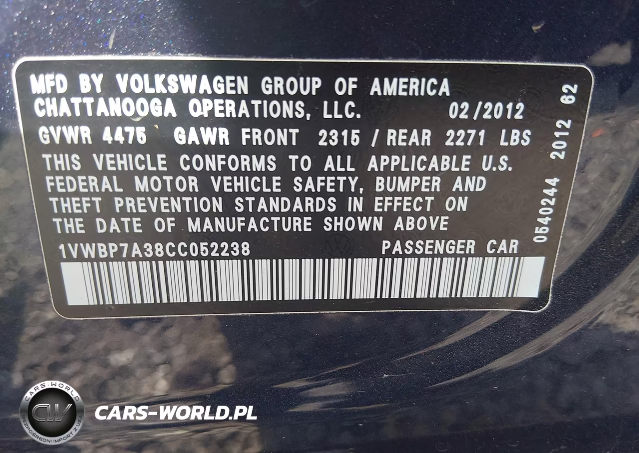 2012 Volkswagen Passat 2.5L Se VIN:1VWBP7A38CC052238 - 9