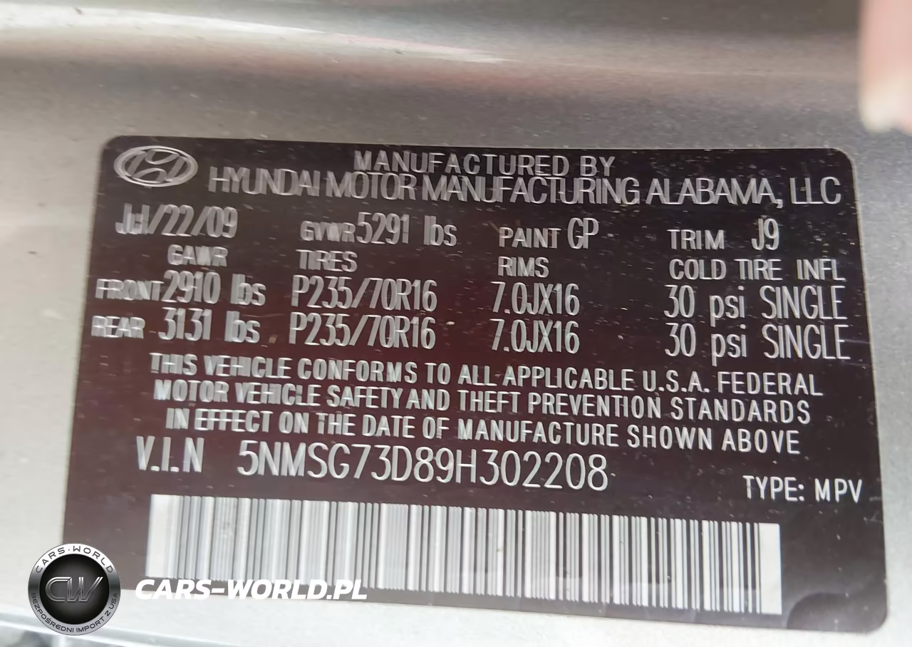 2009 Hyundai Santa Fe Gls VIN:5NMSG73D89H302208 - 9
