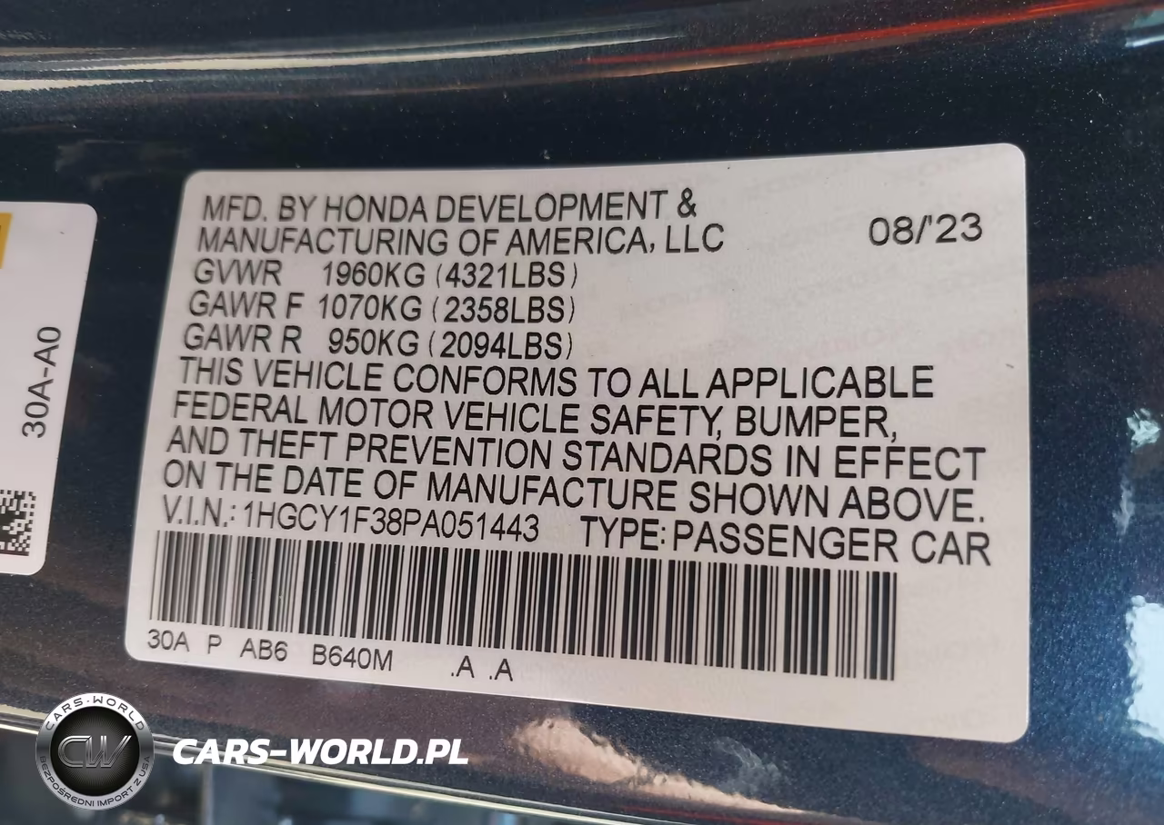 2023 Honda Accord Ex VIN:1HGCY1F38PA051443 - 9