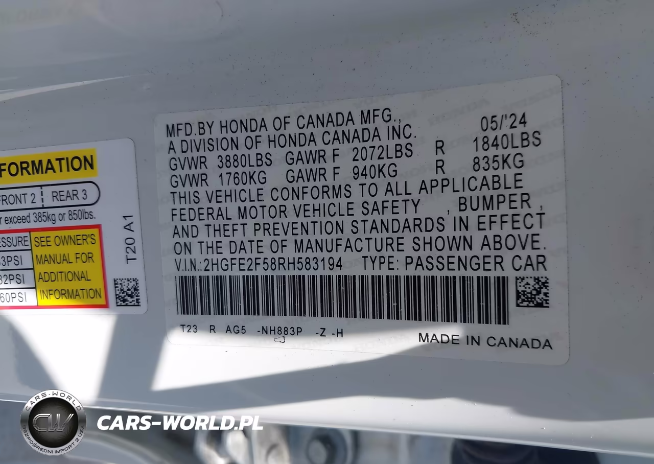 2024 Honda Civic Sport VIN:2HGFE2F58RH583194 - 9