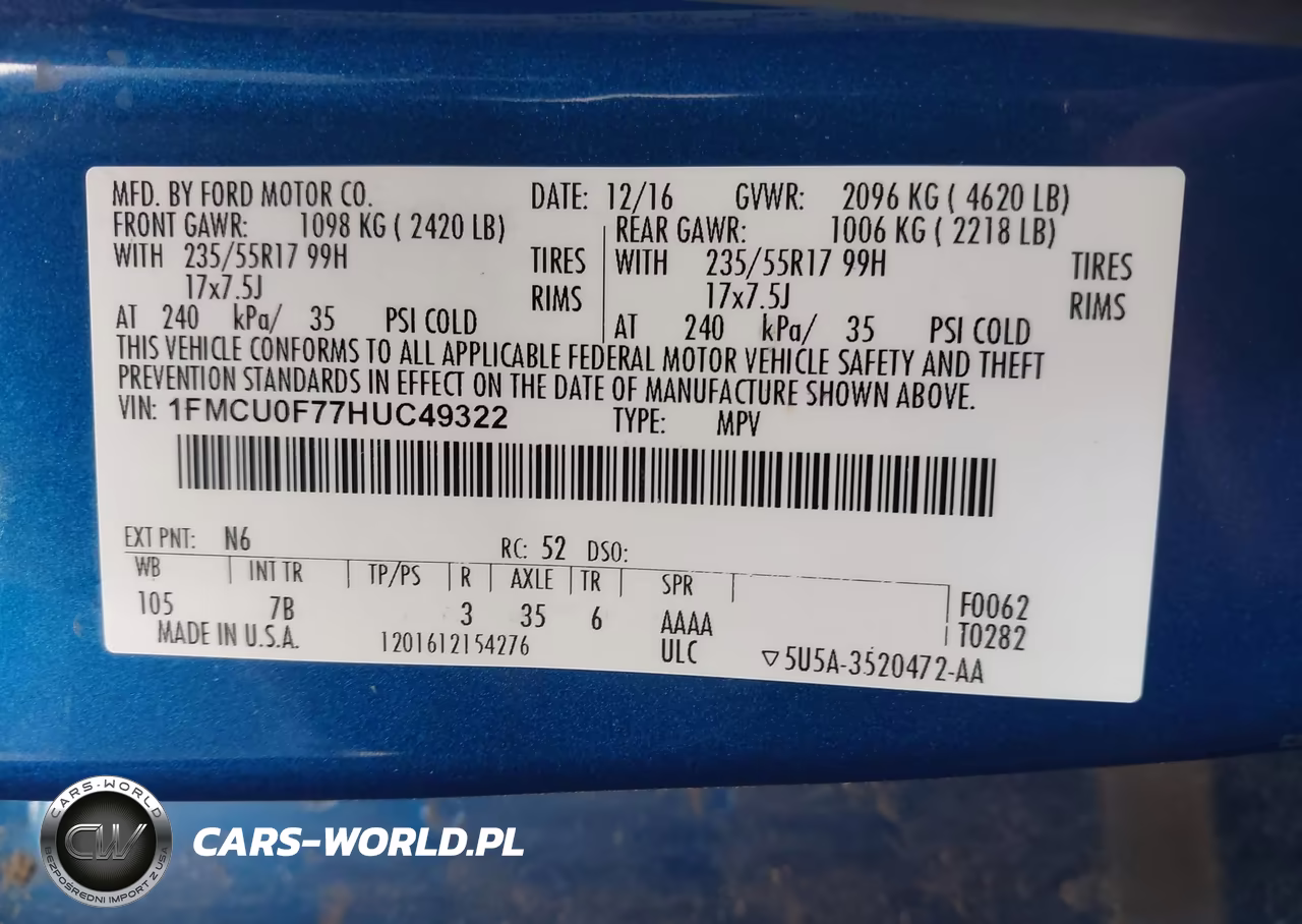2017 Ford Escape S VIN:1FMCU0F77HUC49322 - 9