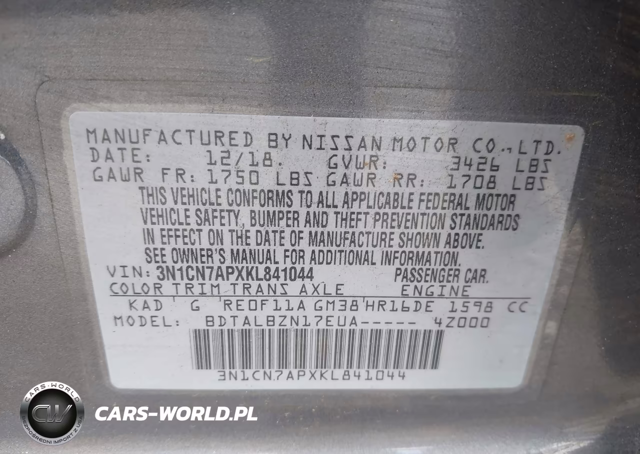 2019 Nissan Versa 1.6 Sv VIN:3N1CN7APXKL841044 - 9