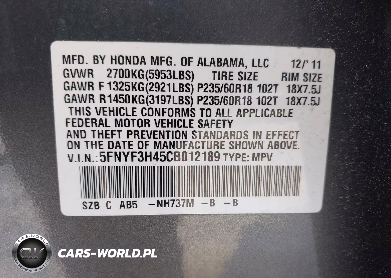 2012 Honda Pilot Ex VIN:5FNYF3H45CB012189 - 9