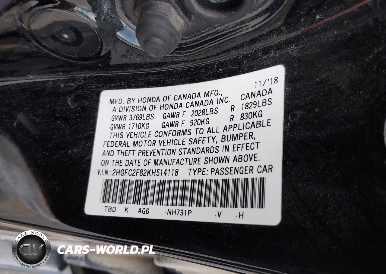 2019 Honda Civic Sport VIN:2HGFC2F82KH514118 - 9