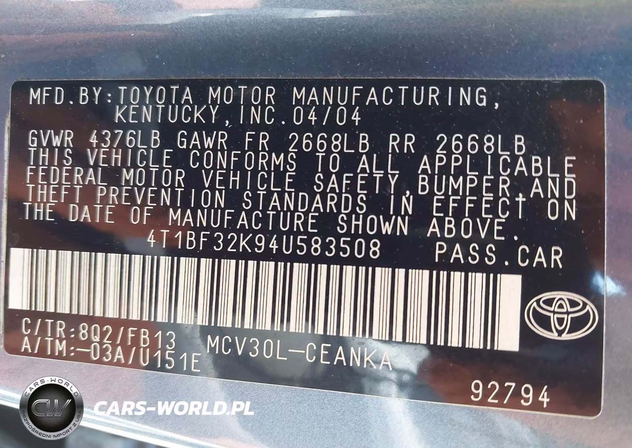 2004 Toyota Camry Le V6 VIN:4T1BF32K94U583508 - 9