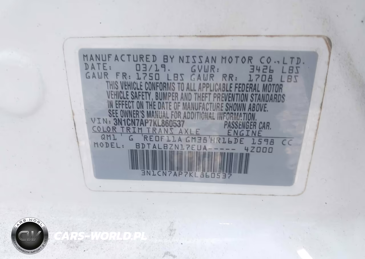 2019 Nissan Versa 1.6 Sv VIN:3N1CN7AP7KL860537 - 9