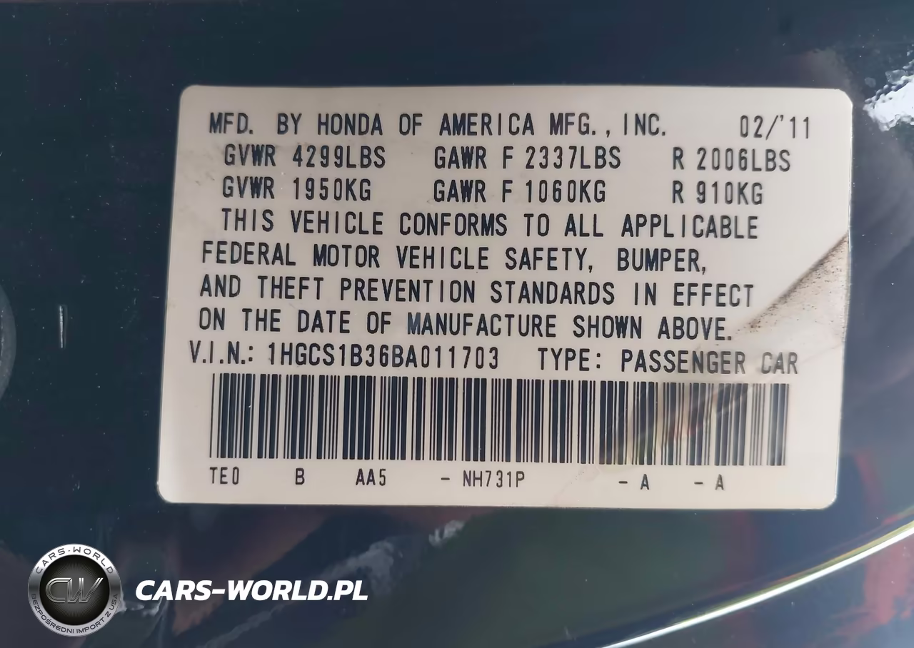 2011 Honda Accord 2.4 Lx-S VIN:1HGCS1B36BA011703 - 9