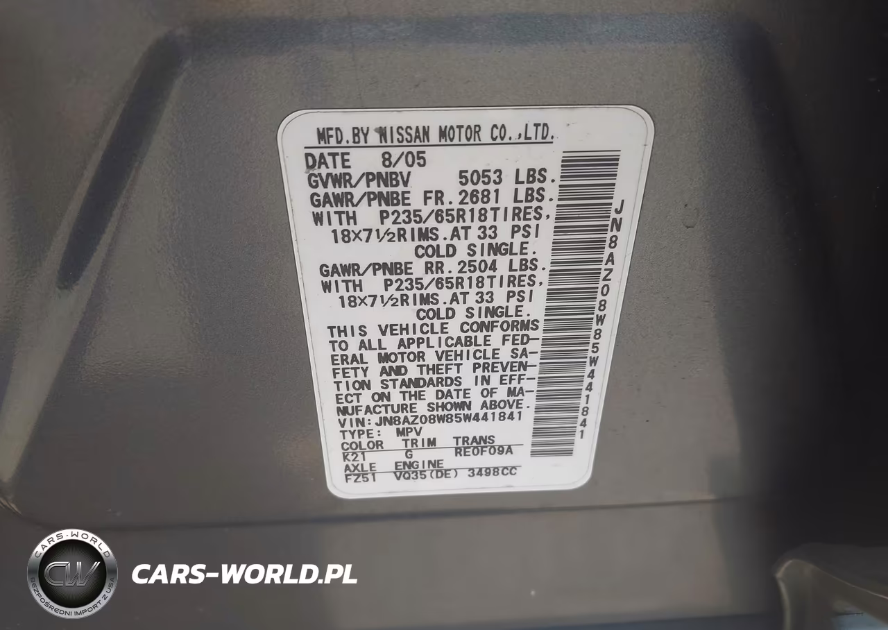 2005 Nissan Murano Sl VIN:JN8AZ08W85W441841 - 9