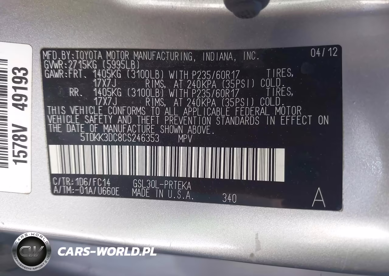 2012 Toyota Sienna Le V6 8 Passenger VIN:5TDKK3DC8CS246353 - 9