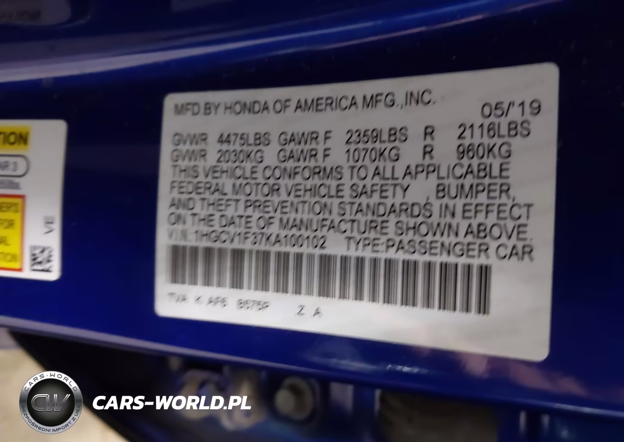 2019 Honda Accord Sport VIN:1HGCV1F37KA100102 - 9