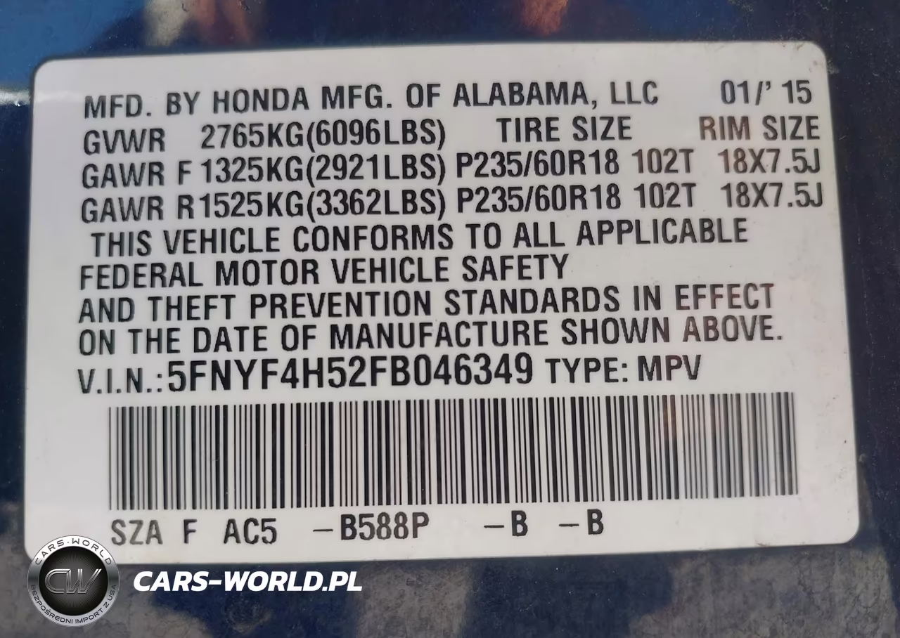 2015 Honda Pilot Ex-L VIN:5FNYF4H52FB046349 - 9