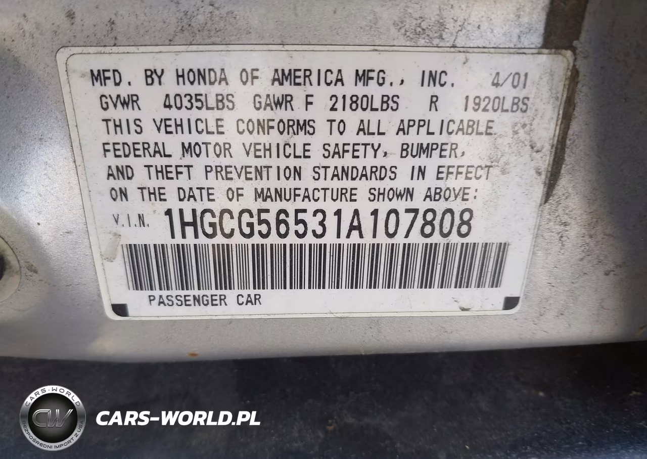 2001 Honda Accord 2.3 Lx VIN:1HGCG56531A107808 - 9