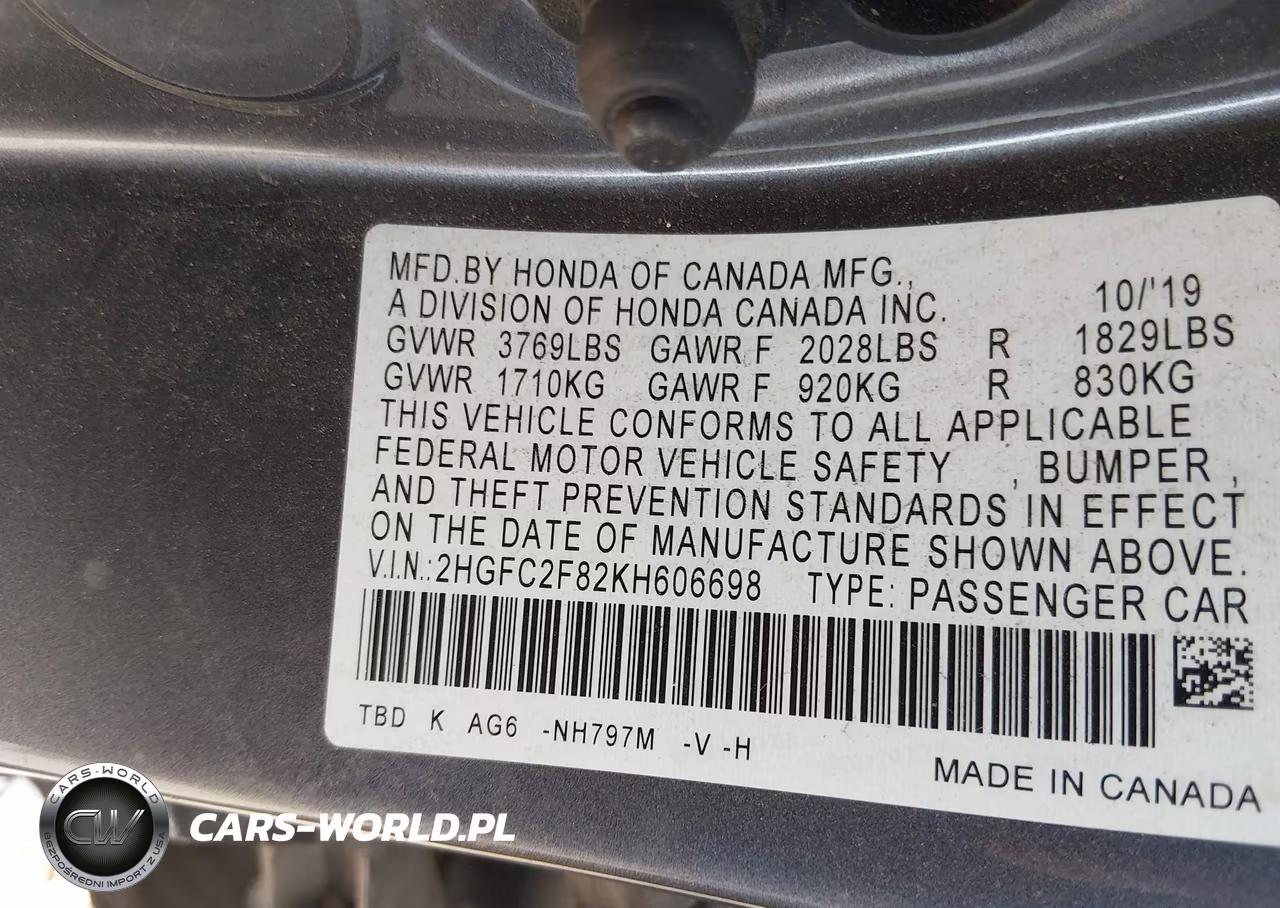 2019 Honda Civic Sport VIN:2HGFC2F82KH606698 - 9